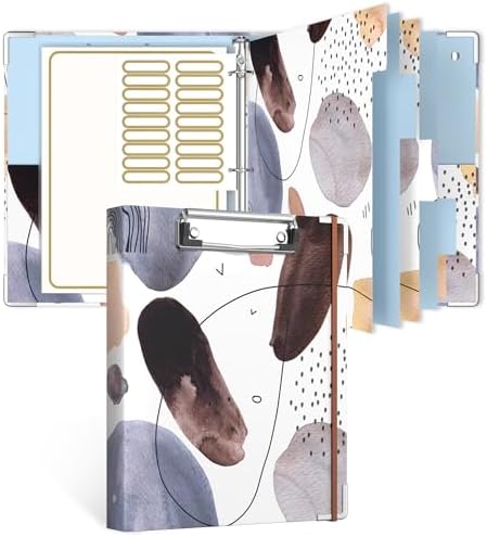 Rouidr Mini 3 Ring Binder with Clipboard, 1 inch Round 8.5 x 5.5 in Cute Binders Organizer with 5 Dividers Tabs & Clear Sleeves, School Supplies, Office Supplies, Minimalist Art