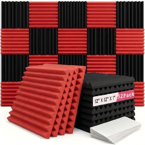 52 Pack Black/red 12 "X 12 "X1" Acoustic Panels Studio Soundproofing Foam(Accompanied By Double-Sided Adhesive Tape)
