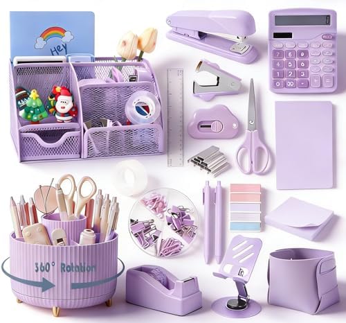 Gawsey Desk Organizers and Accessories with Desk Organizer 360° Rotating Pen Holder and Office Supplies, Cute Stationery Supplies Set (Purple)