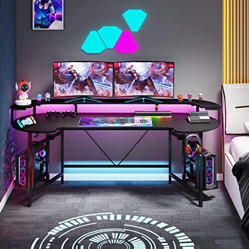 Tribesigns 75 Inch Gaming Desk with Monitor Shelf, Large PC Computer Desk with LED Lights, Gaming Table Gamer Desk for Bedroom, Home Office, Black