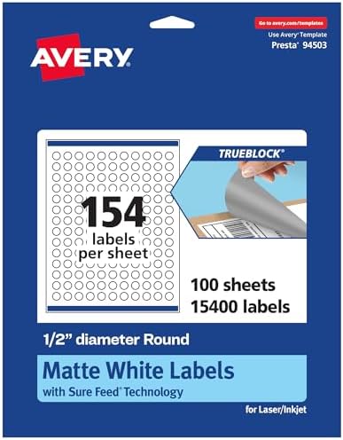 Avery® TrueBlock® Matte White Round Labels, Sure Feed® Technology, 0.5" Diameter, 15,400 Matte White Labels, Print-to-The-Edge, Laser/Inkjet Printable, Great for Product Merchandising Stickers