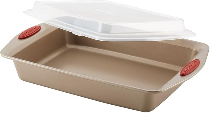 Rachael Ray Cucina Nonstick Bakeware Set Baking Cookie Sheets Cake Muffin Bread Pan, 10 Piece, Latte Brown with Cranberry Red Grips