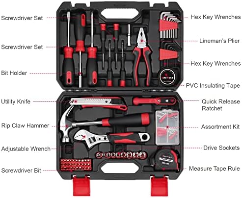 Eastvolt 128-Piece Home Repair Tool Set, Tool Sets for Homeowners, General Household Hand Tool Set with Storage Toolbox, EVHT12801, Black + Red (ASK01)