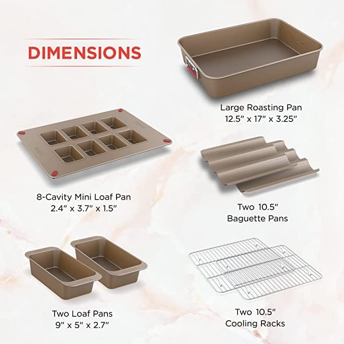 Elbee Home 8-Piece Nonstick Space Saving Bread Baking Pan Set - Includes Large Roasting Pan - Bread Loaf Pan - Baguette Pan - Cooling Rack - 8-Cavity Mini Loaf Pan Aluminized Steel - PFOA & PFOS Free