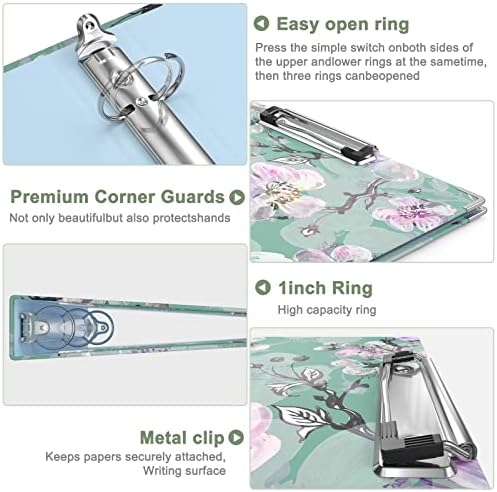 Rouidr 3 Ring Binder with clipboard, 1 inch 8.5 x 11 in Letter Size View Binders Organizer with Dividers Tabs & Clear Sleeves, School Supplies, Office Supplies, Plum Flower