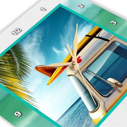 3dRose Wall Clock Silent - 13 inch - Vintage Van with Surfboard - Designs General Themes