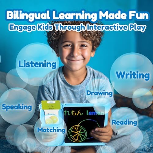 Writing Tablet with Bilingual Flash Cards for Kid, Japanese Blue