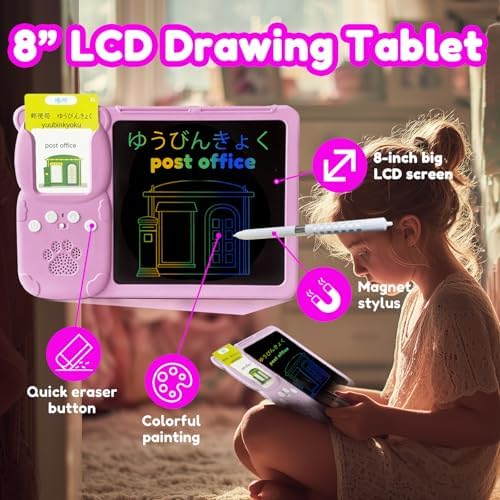 Writing Tablet with Bilingual Flash Cards for Kid, Japanese Pink