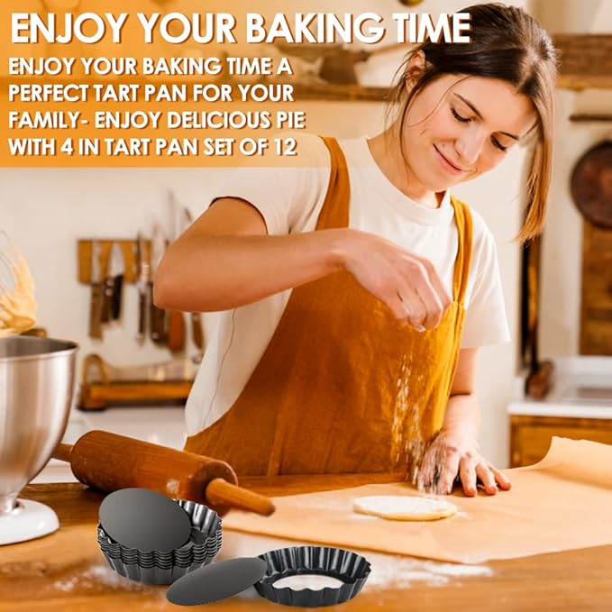Mini Tart Pan Set of 12, Non-Stick 4 Inch Quiche Pan, Removable Bottom Tart Pan for Pies, Quiche Bakeware, Cheese Cakes, Desserts and more