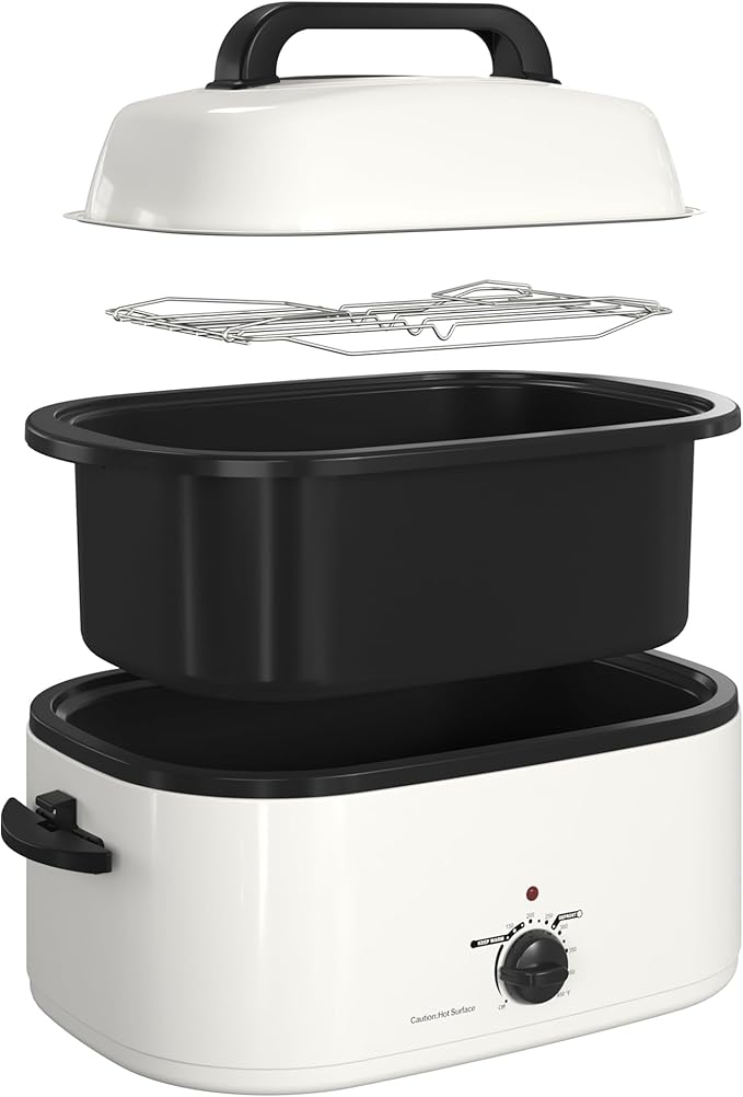 RoyalCraft 24-Quart Electric Roaster Oven with Visible Self-Basting Lid, Turkey Roaster Oven with Removable Pan and Rack, Perfect for Large Meals and Holiday Feasts, White