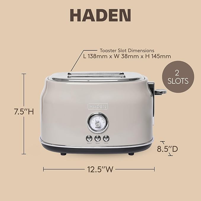 Haden Dorset 2 Slice Wide Slot Stainless Steel Toaster with Adjustable Browning Control & Non-Slip Feet, Putty & Chrome