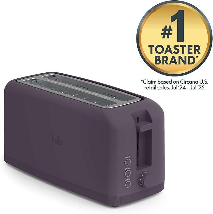 bella 4 Slice Slim Toaster, Fits-anywhere™ Kitchenware, 6 Setting Shade Control with Reheat & Cancel Buttons, Fits Sourdough, 10” Long Slot, Anti Jam & Auto Shutoff, 900 Watt, Plum