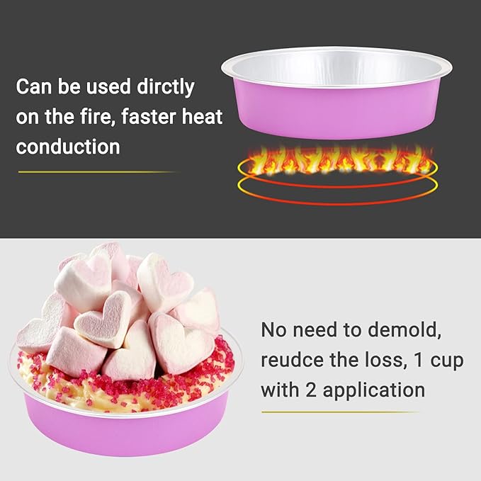 Beasea Disposable Mini Pans with Lids, 50 Pack 4” 8oz Light Pink Aluminum Baking Foil Tins Round Small Tart Container for Individual Cupcake Dessert Muffin Ramekin Cheesecake Quiche Oven Dishes