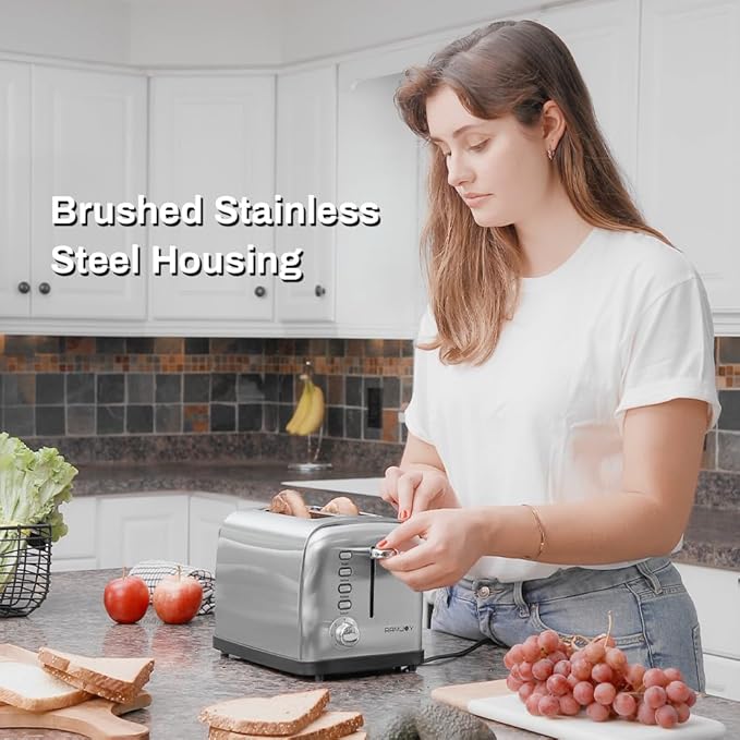 Toaster 2 Slice, Extra Wide Slot Toaster for Bagels, Bread, Waffles, 7 Shade Settings, 4 Main Functions, Removable Crumb Tray, 900 Watts Toasters, Brushed Stainless Steel