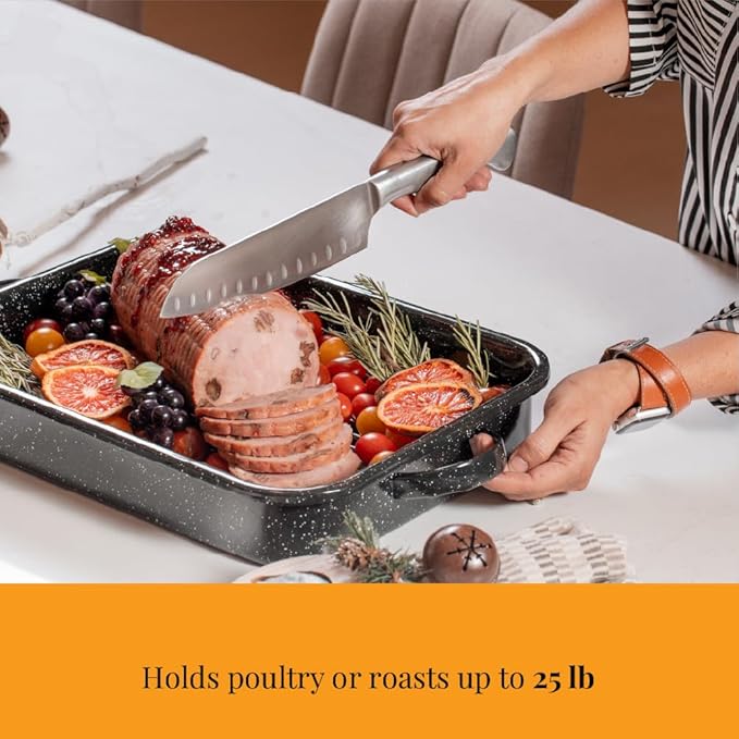 Granite Ware Open Roasting Pan with Flat Rack (Speckled Black) - Accommodates up to 25 lb poultry or roast.