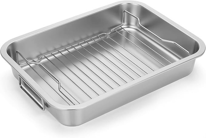 Tifanso Stainless Steel Roasting Pan - Heavy Duty Turkey Roasting Baking Broiler Oven Pan with Rack and Handle for Oven, High Sided Easy to Clean Induction Roast Tray for Chicken, Vegetable, Lasagna