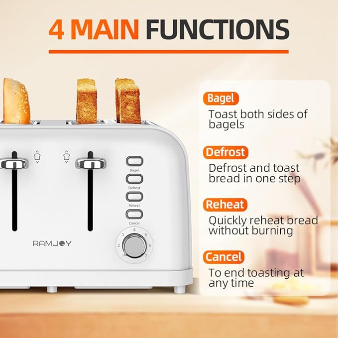 White Toaster 4 Slice, Dual Independent Controls, Extra Wide Slot Toasters for Bagel, Bread, Waffles, 7 Shade Settings, 4 Main Functions, Removable Crumb Tray, 1500 Watts, White Stainless Steel