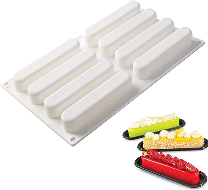 OCPO KITCHEN Eclair Silicone Mold for Baking Mousse Cake, 3D Silicone Baking Mold for Cakes French Pastry Chocolate Brownie, Cake Decoration, 3D Eclair Shape (8-Cavity)