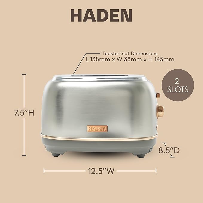 Haden Heritage 2 Slice Wide Slot Stainless Steel Toaster with Adjustable Browning Control & Non-Slip Feet, Steel & Copper