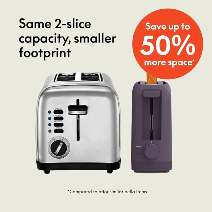 bella 2 Slice Slim Toaster, Fits-anywhere™ Kitchenware, 6 Setting Shade Control with Reheat & Cancel Buttons, Fits sourdough, 10” Long Slot, Anti Jam & Auto Shutoff, 900 Watt, Plum