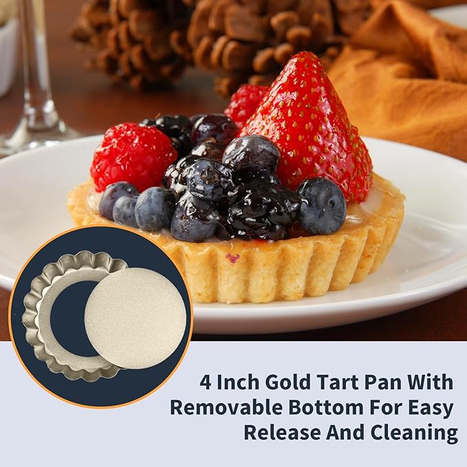 RICHSC-PAN Mini Tart Pan 12PCS, 4 Inch Tart Pan Removable Bottom Non-Stick Tin, 0.9 Inches High Suitable for DIY Making Small Tarts at Home. Champagne Gold Appearance.