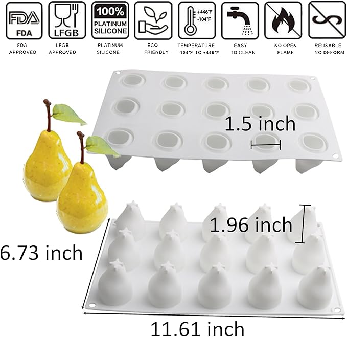 OCPO KITCHEN 3D Pear Shape Silicone Molds for Baking Mousse Cake, 3D Silicone Baking Mold for Candy Pastry Chocolate Truffle Cupcake Jelly Cookie Pudding Cake Decoration Mold, Pear Shape (15-Cavity)