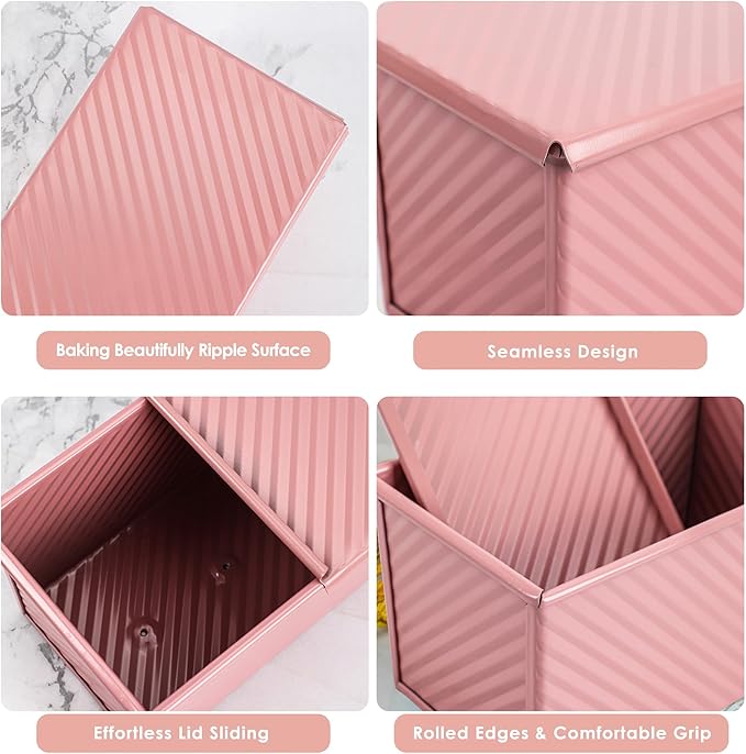 Unique Pink 1LB Bread Loaf Pan with Lid, Non-stick Safe Coating, Compact and Stylish Pullman Loaf Pan with Lid for Sandwich Loaves, Elevate Home Baking Aesthetics
