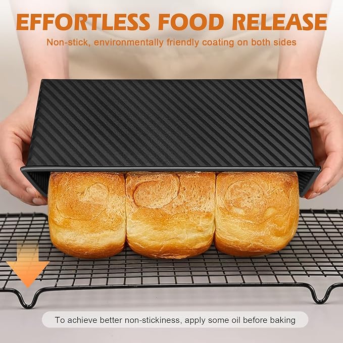 2Pack Bread Pan with Lids – 2.2 LB & 1 LB Dough Capacity, Non-Stick Carbon Steel Bread Pans for Homemade Sandwich and Sourdough Bread, Corrugated Toast Mold Black