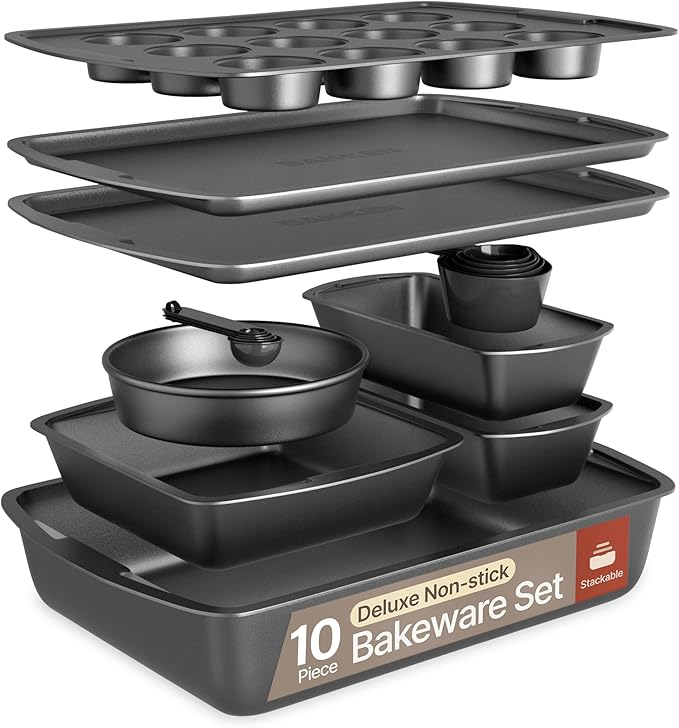 Gray 10-Piece Bakeware Sets, Nonstick Carbon Steel Baking Sheet & Pans, Stackable Space-Saving Bakeware, Dishwasher Safe, Stain-resistant, PFOAPFOSPTFE Free, Oven Safe Up To 450°F (230°C)