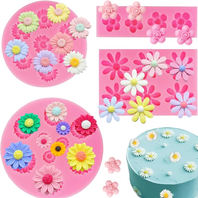 4Pcs Daisy Flower Silicone Molds Chrysanthemum Silicone Molds Small Flower Shapes Fondant Cake Chocolate Molds Polymer Clay Resin Mold for Cake Decoration Candy Ice Cube Soap Wax Making DIY Craft