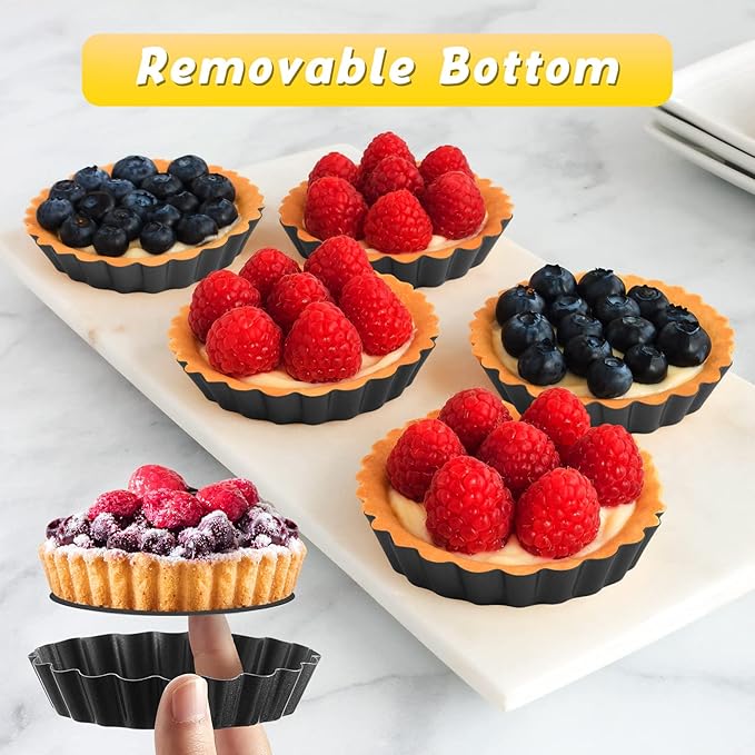 Tessco 16 Pieces Mini Tart Pans with Removable Bottom Nonstick Quiche Mini Pie Tart Pans Bakeware Mold Fluted Side for Pies(Black Gray Round,4 Inch)