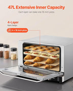 VEVOR Commercial Convection Oven, 47L/43Qt, Half-Size Conventional Oven Countertop, 1600W 4-Tier Toaster w/Front Glass Door, Electric Baking Oven w/Trays Wire Racks Clip Gloves, 120V