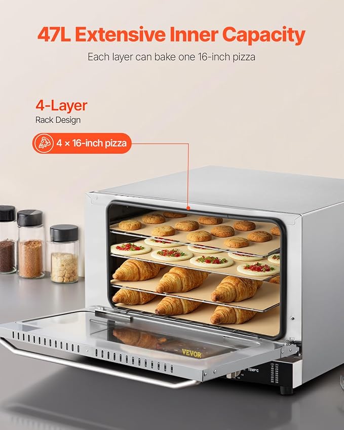 VEVOR Commercial Convection Oven, 47L/43Qt, Half-Size Conventional Oven Countertop, 1600W 4-Tier Toaster w/Front Glass Door, Electric Baking Oven w/Trays Wire Racks Clip Gloves, 120V