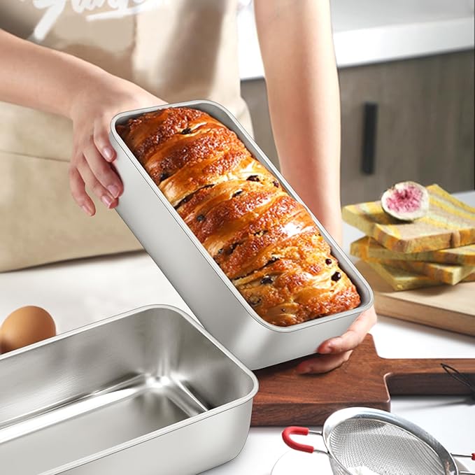 E-far Loaf Pan for Baking Bread, 9 x 5 Inch Stainless Steel Baking Loaf Pan, Metal Bakeware for Bread Meatloaf Cake Brownies, Healthy & Non Toxic, Brushed Finish & Easy Release, Oven & Dishwasher Safe