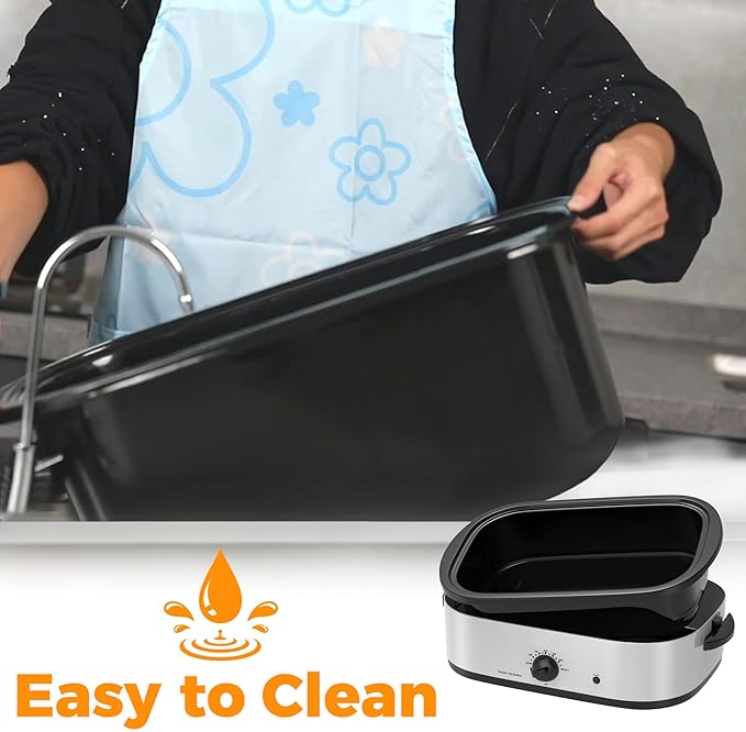 14 Quart Roaster Oven with Self-Basting Lid, Turkey Defrost & Warm Function, Turkey Roasting Pan with Removable Roasting Rack, Adjustable Temperature for Use as a Slow Cooker, Stainless Steel, Silver