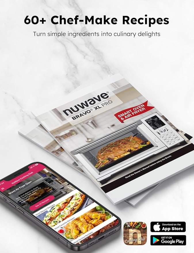 Nuwave Bravo Pro Smart Toaster Oven Countertop, True Air Fryer Combo w/Improved 100% Convection, 35% Crispier, 112 Presets, Customizable Pizza Zones, Integrated Probe, PFAS Free, 30QT, Stainless Steel