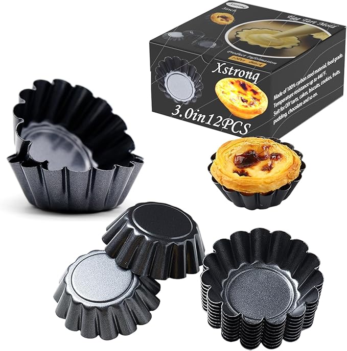 Egg Tart Molds 12PCS Tart Pan 3inch, Mini Carbon Steel Non Stick Tart Pans, Tart Molds For Baking (3 inch)