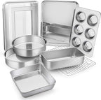 E-far Stainless Steel Baking Pan Set, 9-Piece Bakeware Sets for Cake Cookie Loaf Muffin, Include Round, Square, Rectangle Baking Sheet Pan with Lid & Cooling Rack, Dishwasher Safe