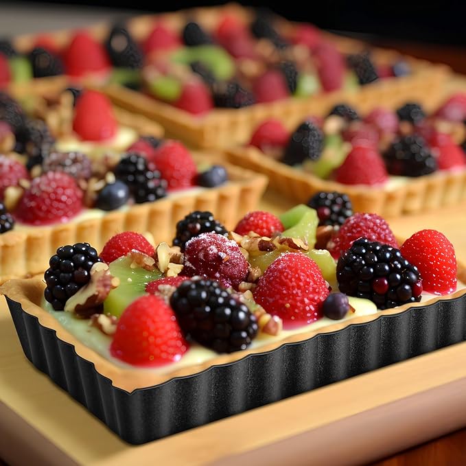 Tessco 16 Pieces Mini Tart Pans with Removable Bottom Nonstick Quiche Mini Pie Tart Pans Bakeware Mold Fluted Side for Pies(Black Round and Rectangle,4 Inch and 4.33 x 2.36 x 0.79 Inch)