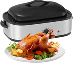 14 Quart Roaster Oven with Self-Basting Lid, Turkey Defrost & Warm Function, Turkey Roasting Pan with Removable Roasting Rack, Adjustable Temperature for Use as a Slow Cooker, Stainless Steel, Silver