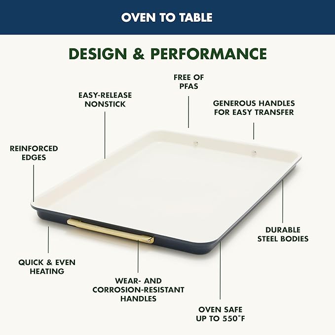GreenPan Bakeware 13" x 9" Quarter Sheet Pan, Ceramic Nonstick Baking Pan, PFAS & BPA Free, Gold Handles, Durable Steel, Versatile & Space Saving Ovenware, Freezer to Oven Dish, Oxford Blue