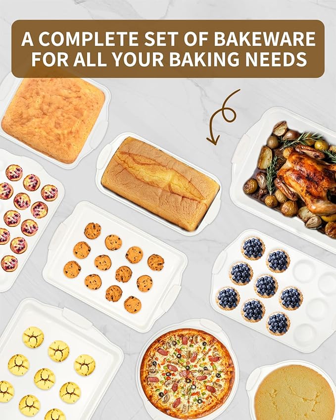 Baking Pans Set with Silicone Handles, 34 PCS Nonstick Bakeware Sets, Oven Pan Set Includes Baking Tray, Cookie Sheet, Cake Pans, Loaf Pan, Muffin Pan, Pizza Pan