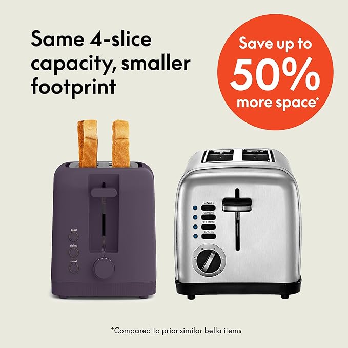 bella 4 Slice Slim Toaster, Fits-anywhere™ Kitchenware, 6 Setting Shade Control with Reheat & Cancel Buttons, Fits Sourdough, 10” Long Slot, Anti Jam & Auto Shutoff, 900 Watt, Plum