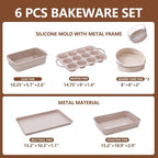 Vinino 6-Piece Baking Pans Set Nonstick, Bakeware Set includes Silicone Muffin, Loaf, Cake Pans with Metal Reinforced Frame. And includes Carbon Steel Roasting Pan, Cookie Sheet for Oven