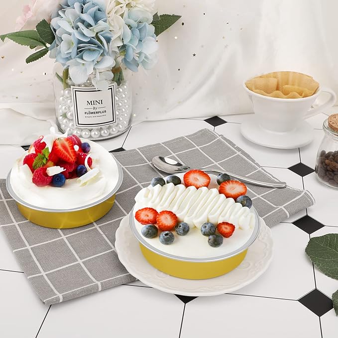 Beasea Disposable Pie Tins 4 Inch, 100 Pack Mini Tart Pans with Lids, 8 Oz Golden Aluminum Pie Pan Tin Tart Pans Round Oven Baking Mini Cake Pan for Pie Tart Quiche