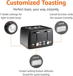 Amazon Basics 4 Slice Toaster, With 7 Browning Settings, Extra Wide Slots For Bagels and Special Breads, Removable Easy-to-Clean Crumb Trays, Cancel/Defrost/Bagel Buttons, 1500W, Black & Silver