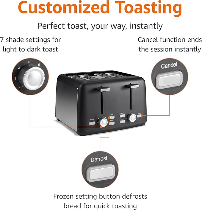 Amazon Basics 4 Slice Toaster, With 7 Browning Settings, Extra Wide Slots For Bagels and Special Breads, Removable Easy-to-Clean Crumb Trays, Cancel/Defrost/Bagel Buttons, 1500W, Black & Silver