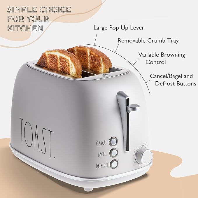 Rae Dunn Retro Rounded Bread Toaster, 2 Slice Stainless Steel Toaster with Removable Crumb Tray, Wide Slot with 6 Browning Levels, Bagel, Defrost and Cancel Options, Sand