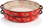 AVLA 2 Pack Ceramic Pie Pan, 9 Inch Round Baking Dish with Double Handle, 28 Ounce Deep Quiche Plate for Kitchen, Cooking, Roasting Lasagna (Sakura, Red)