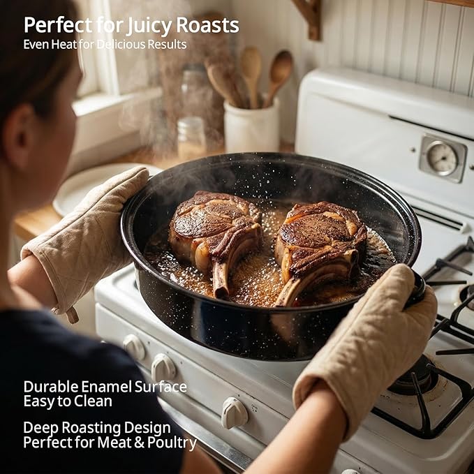 Oval Roasting Pan with Lid and Rack 18" Large Roaster Pan Set Comes With Lron Rack Enamel Cook Ware Dishwasher Compatibility Granite Oven Roaster
